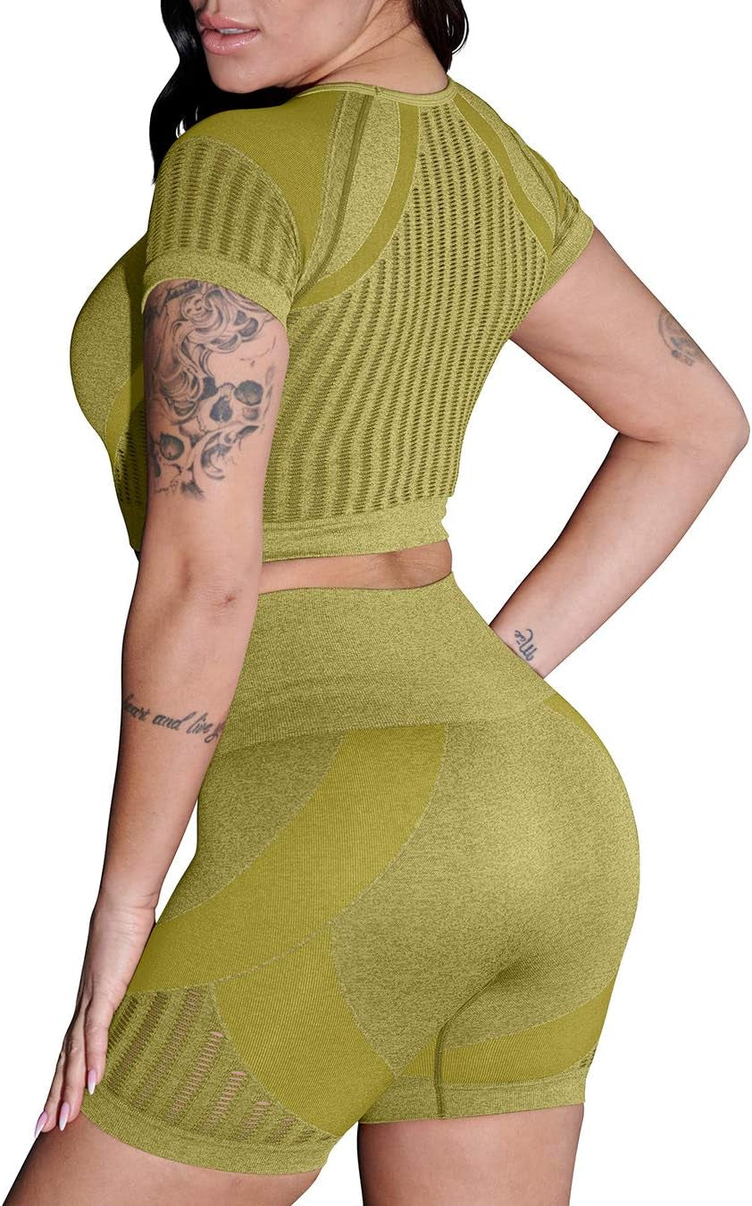 Women'S Workout Set 2 Piece Seamless High Waisted Active Yoga Shorts Running Gym Outfits Clothes