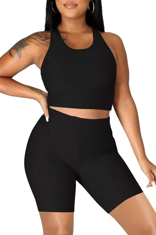 Womens Two Piece Workout Outfits Sports Crop Tank Top High Waist Jogging Biker Shorts Set