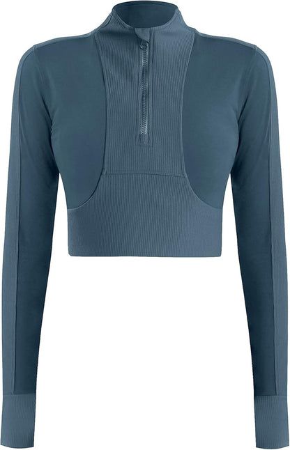 Womens Cropped Jacket Half Zip Pullover Slim Fit Yoga Running Athletic Workout Jackets Long Sleeve Activewear Top