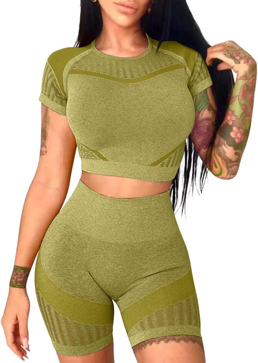 Women'S Workout Set 2 Piece Seamless High Waisted Active Yoga Shorts Running Gym Outfits Clothes