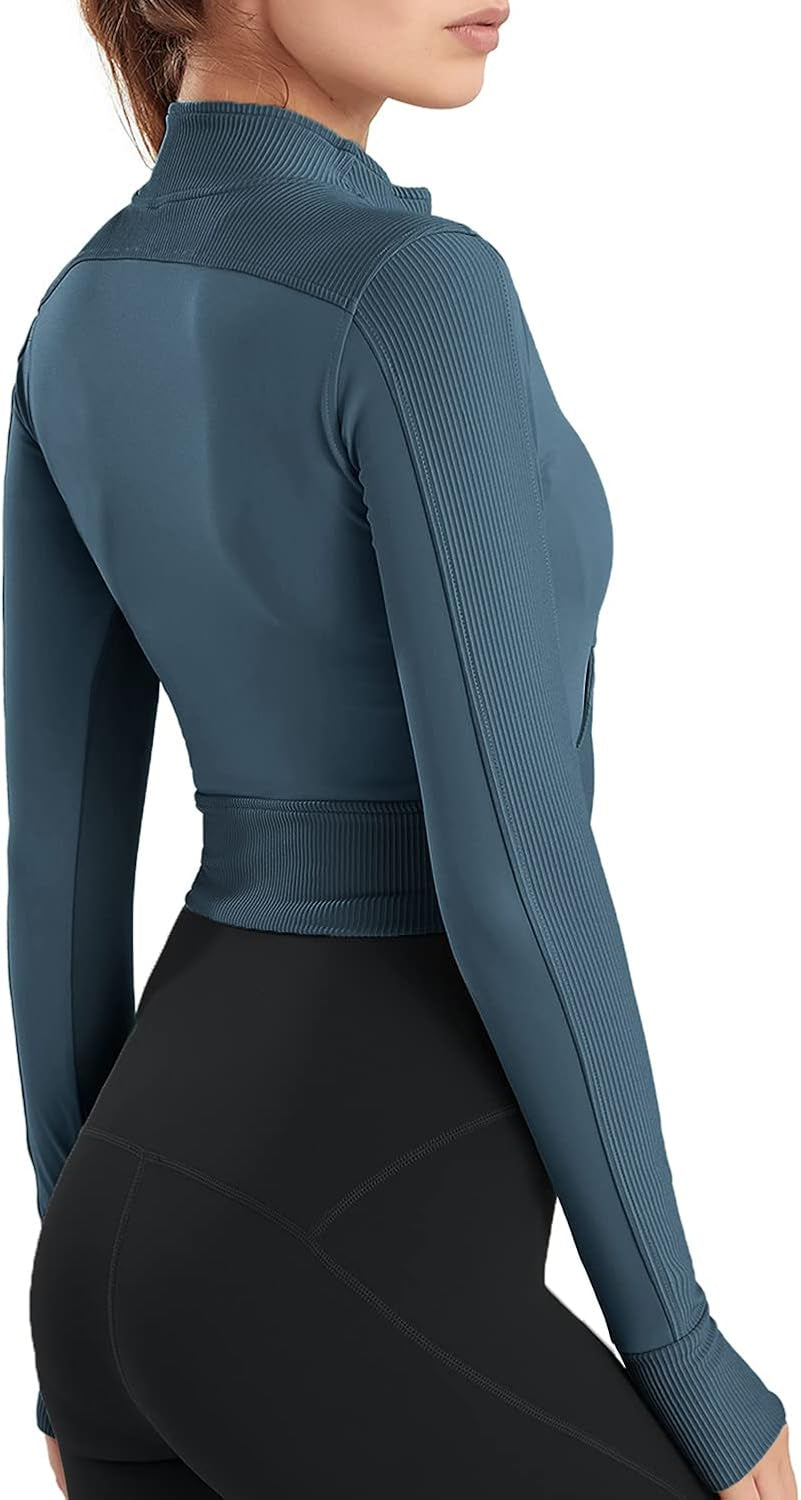 Womens Cropped Jacket Half Zip Pullover Slim Fit Yoga Running Athletic Workout Jackets Long Sleeve Activewear Top