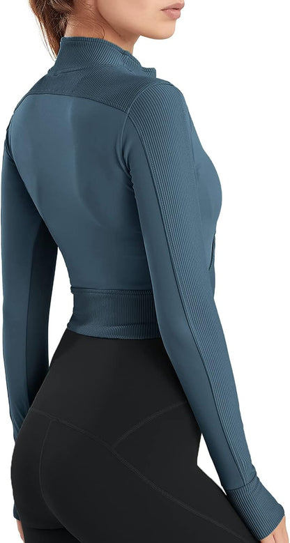 Womens Cropped Jacket Half Zip Pullover Slim Fit Yoga Running Athletic Workout Jackets Long Sleeve Activewear Top