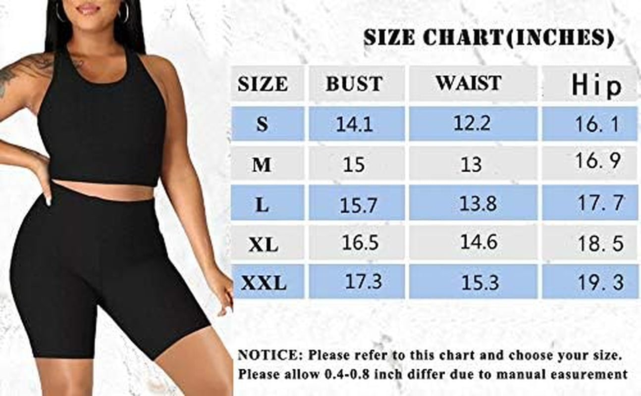 Womens Two Piece Workout Outfits Sports Crop Tank Top High Waist Jogging Biker Shorts Set