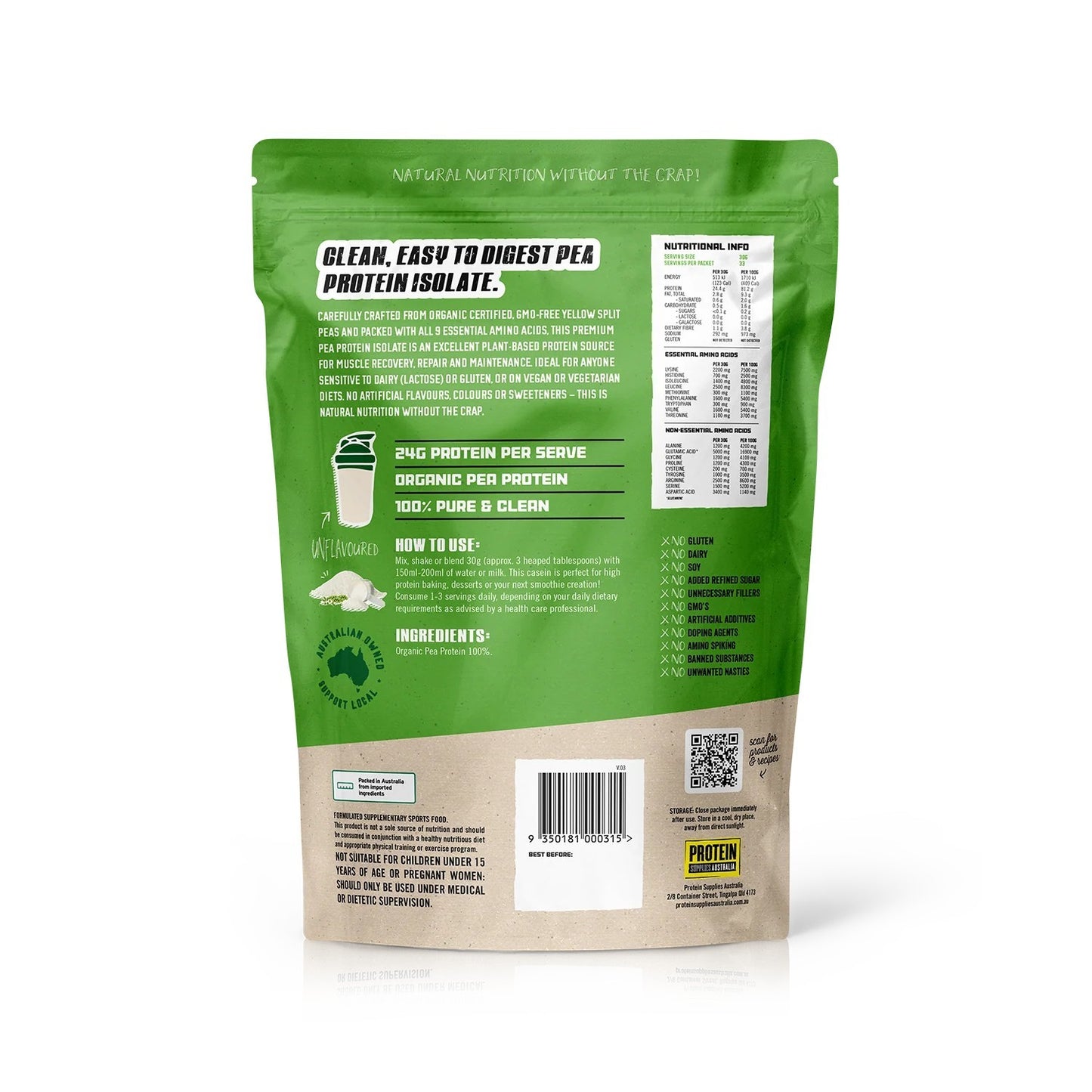 NEW Protein Supplies Australia Protein Organic Pea Protein Unflavoured 1Kg