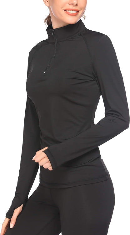 Winter Running Top Women Long Sleeve Yoga Jacket Lightweight Quarter Zip Pullover Athletic Shirt (Black,X-Large)