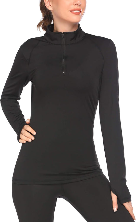 Winter Running Top Women Long Sleeve Yoga Jacket Lightweight Quarter Zip Pullover Athletic Shirt (Black,X-Large)