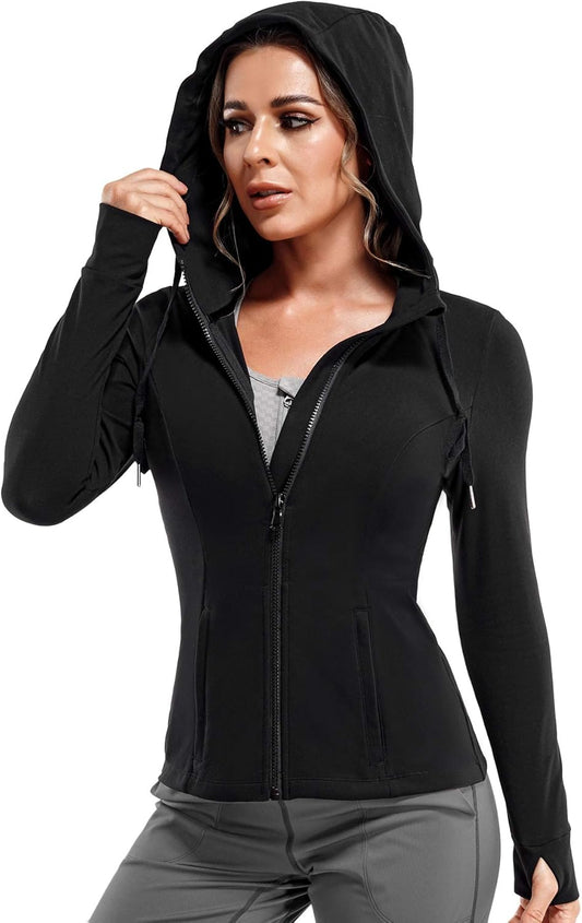 Women Full Zip Workout Sports Jackets Slim Fit Long Sleeve Yoga Track Hoodie Thumb Hole Athletic Running Jackets (Black, Small)