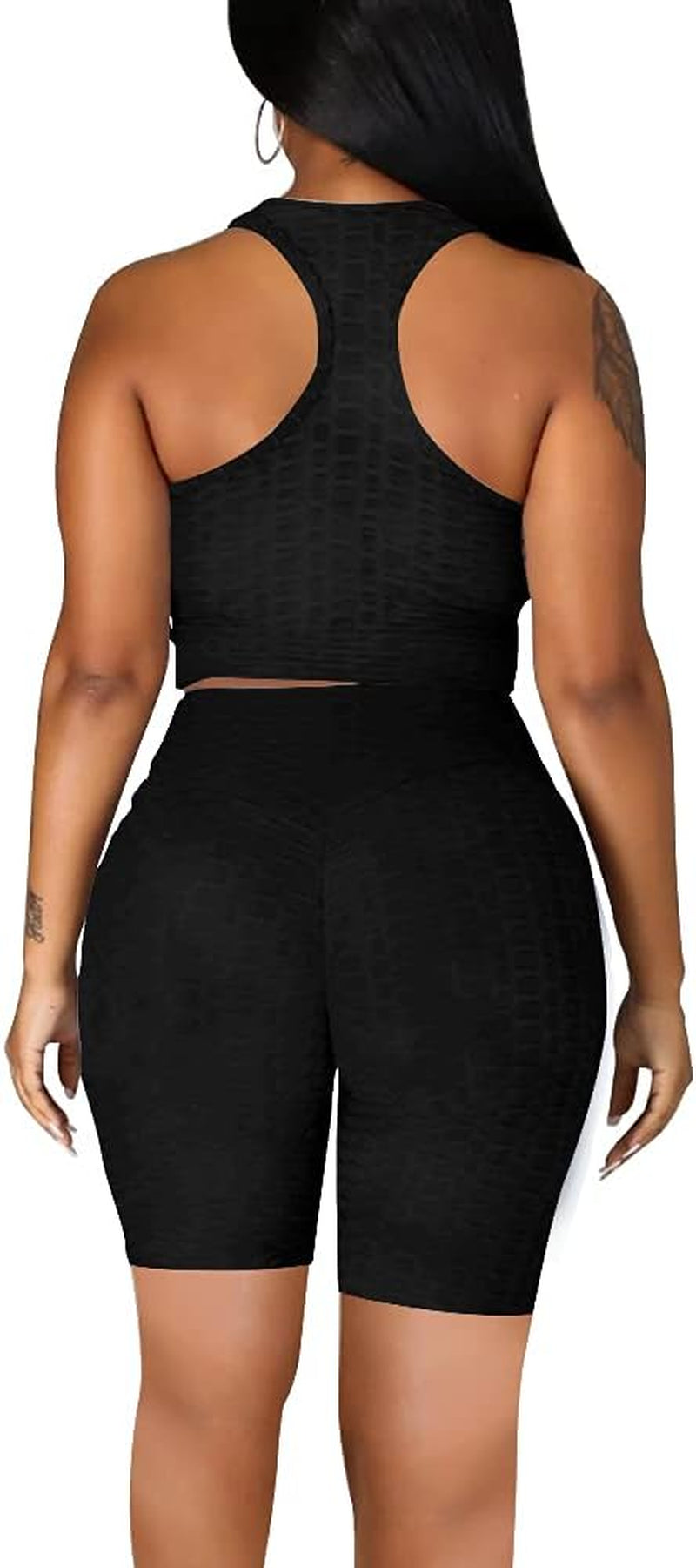 Womens Two Piece Workout Outfits Sports Crop Tank Top High Waist Jogging Biker Shorts Set