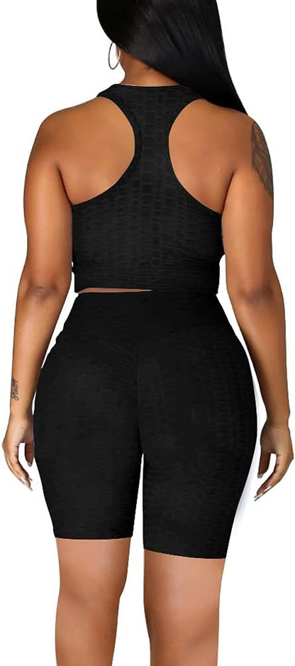 Womens Two Piece Workout Outfits Sports Crop Tank Top High Waist Jogging Biker Shorts Set