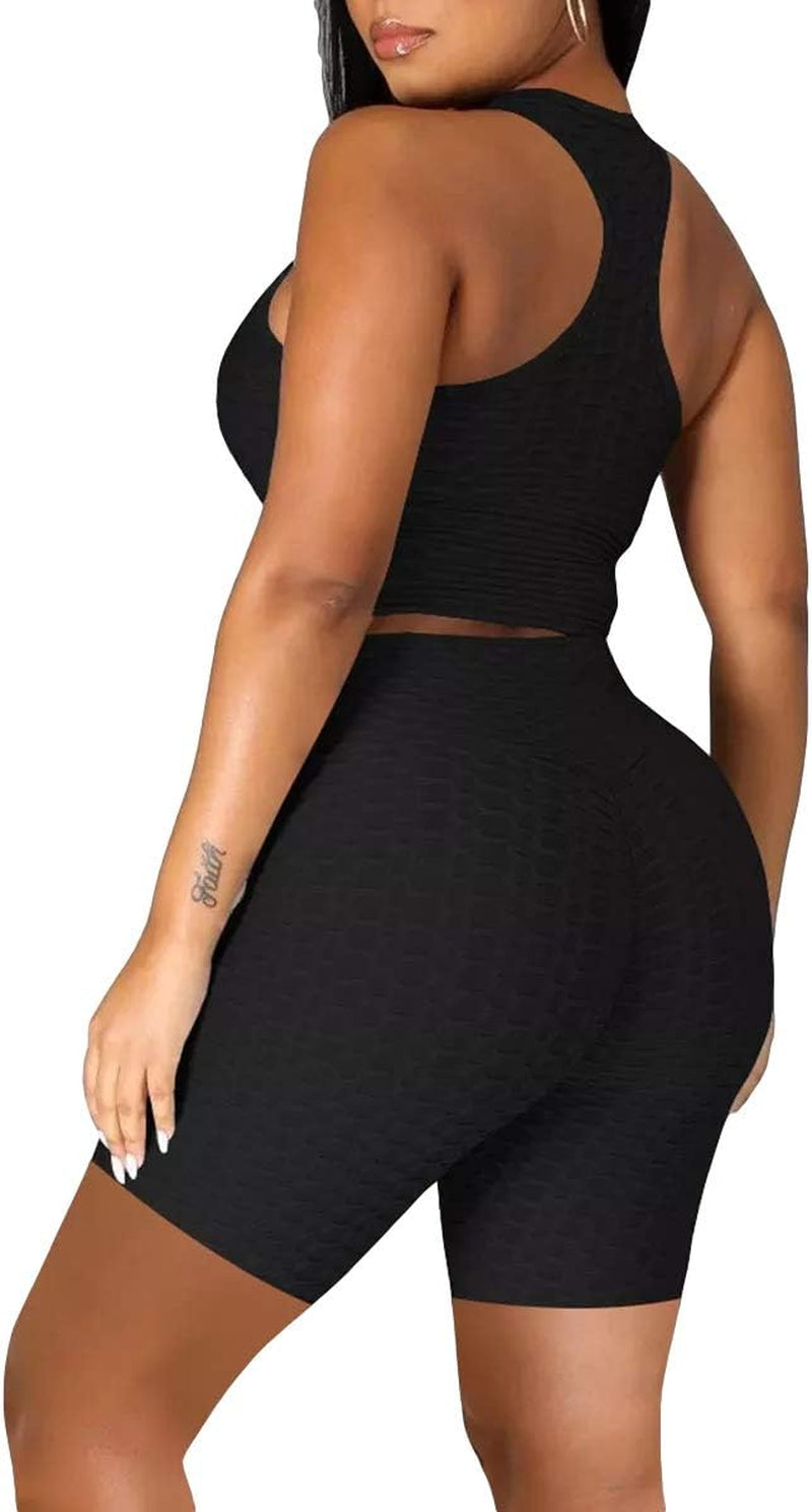 Womens Two Piece Workout Outfits Sports Crop Tank Top High Waist Jogging Biker Shorts Set