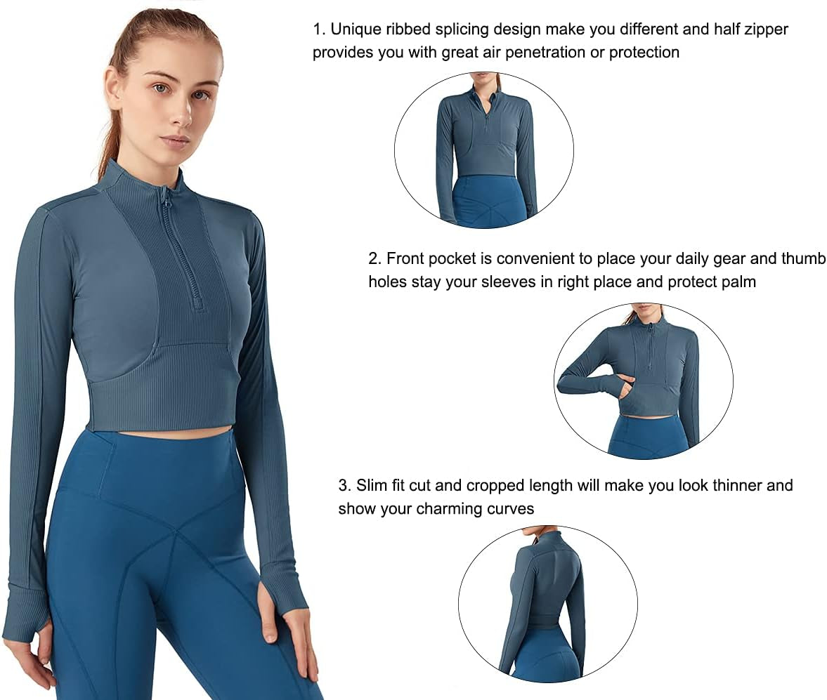 Womens Cropped Jacket Half Zip Pullover Slim Fit Yoga Running Athletic Workout Jackets Long Sleeve Activewear Top