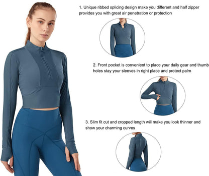 Womens Cropped Jacket Half Zip Pullover Slim Fit Yoga Running Athletic Workout Jackets Long Sleeve Activewear Top