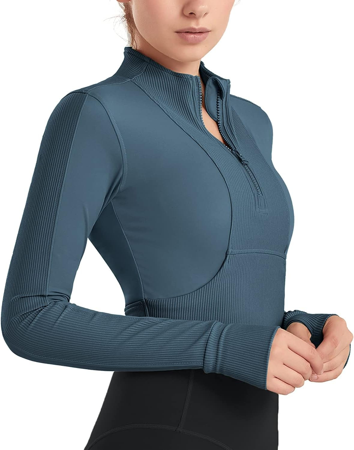 Womens Cropped Jacket Half Zip Pullover Slim Fit Yoga Running Athletic Workout Jackets Long Sleeve Activewear Top